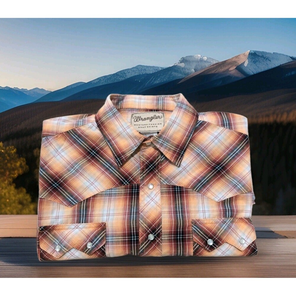 WRANGLER PEARL SNAP WESTERN SHIRT MENS SIZE XL ORANGE RED BROWN PLAID  EUC